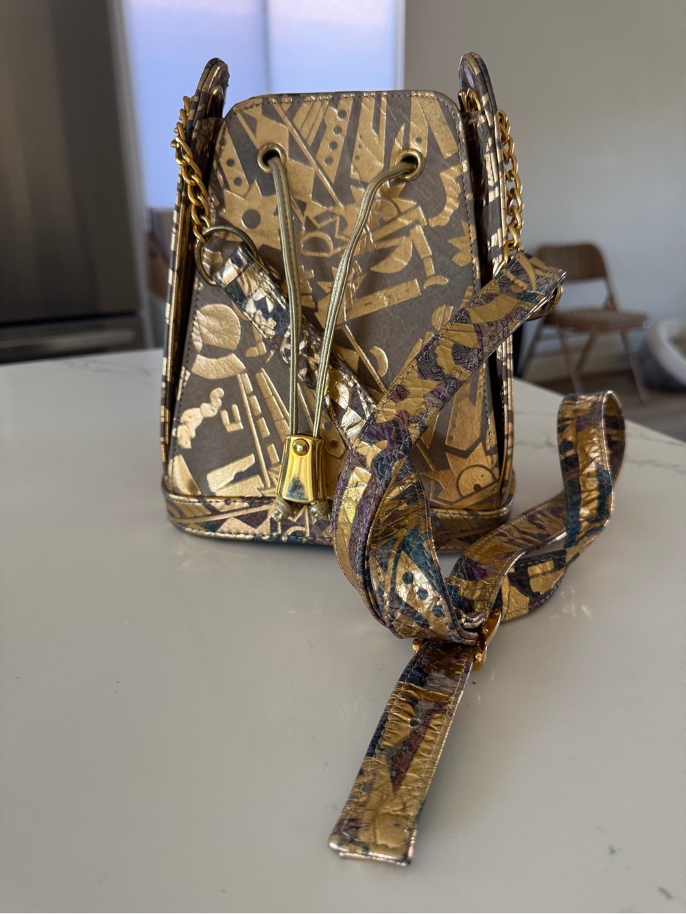 Vintage PINKY Leather Gold Metallic Crossbody Bucket Bag